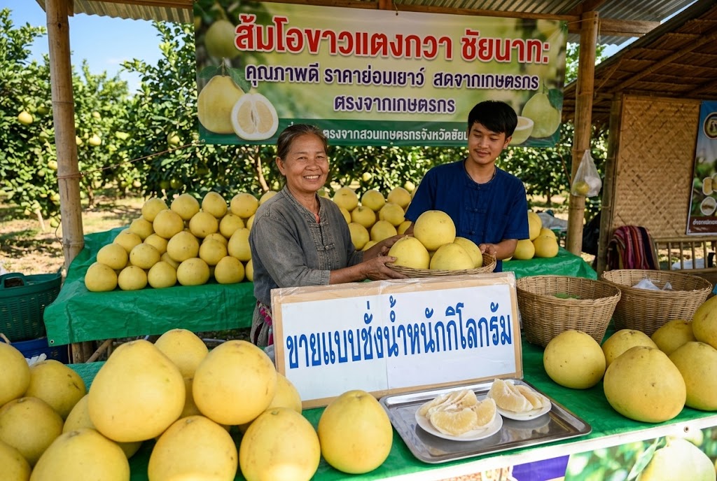 ส้มโอขาวแตงกวาชัยนาท ส่วนใหญ่ขายเป็นลูกชั่งน้ำหนักคิดเป็นราคาต่อกิโลกรัม