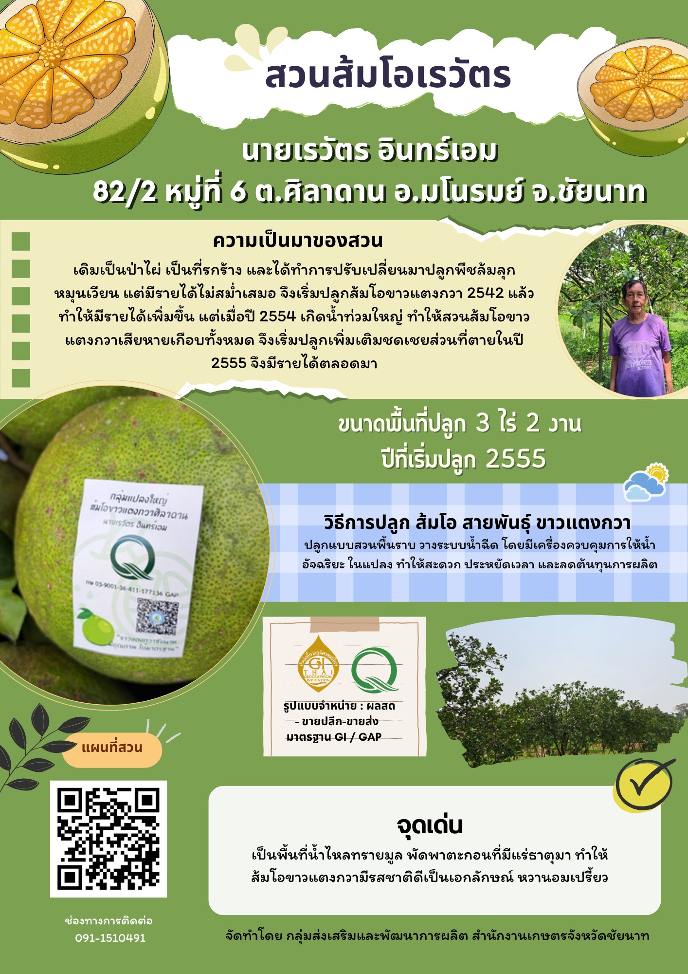 สวนส้มโอเรวัตร (ส้มโอขาวแตงกวา : ผลไม้ GI ของดีประจำจังหวัดชัยนาท)